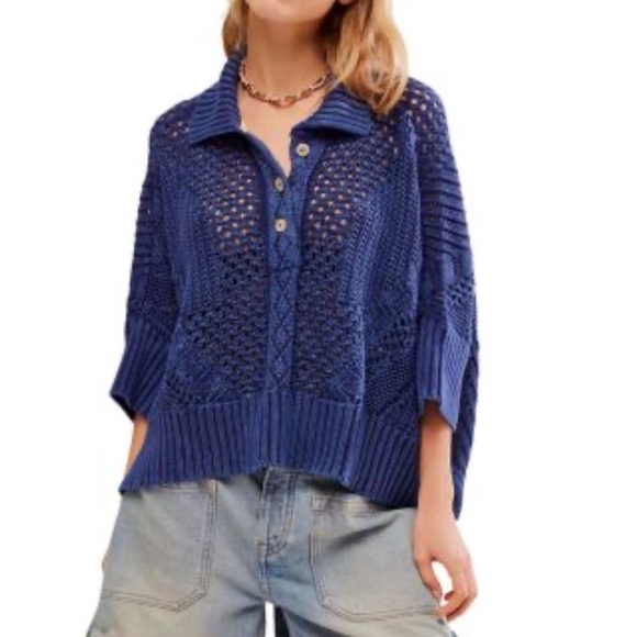 Free People XS To The Point purple open net oversized, crop short sleeve sweater - Picture 1 of 10